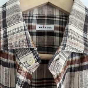 NWOT Kiton Men's Casual Plaid Shirt - Brown and Cream